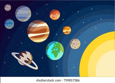 Vector illustration of planets, stars, sun and moon found in our solar system.