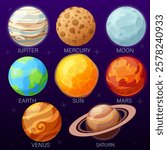 vector illustration of planets. Studying the location of planets and space, solar system. Science poster and education.