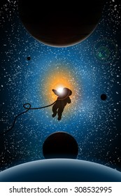 vector illustration of planets and sun,astronaut, sunrise in space, space design, universe concept, space research