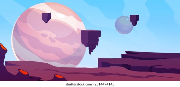 A vector illustration of the planet's surface showing a rocky terrain with cracks and levitating platforms. A fantastic morning landscape for a gaming environment
