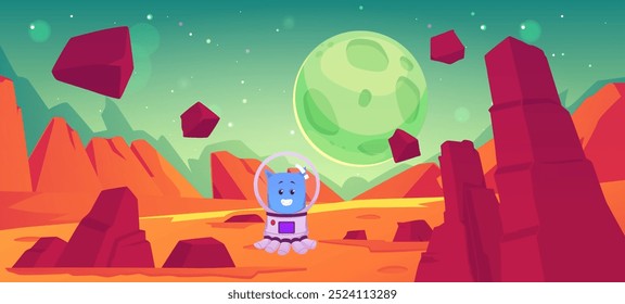 A vector illustration of the planet's surface showing a rocky landscape and a cute smiling alien in a spacesuit. The orange-green landscape for a fantasy game