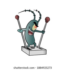 vector illustration of a plankton animal controlling a machine while laughing evil.