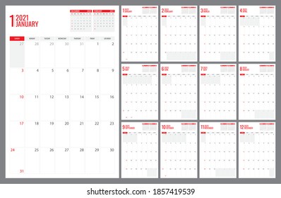 Ilustración vectorial de la plantilla del calendario planificador para 2021, inicio de la semana del domingo