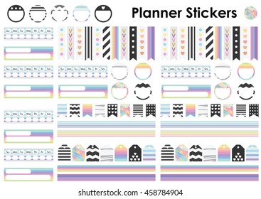 vector illustration / planner stickers tags and bookmarks set in A4 page format / trendy pastel rainbow and holographic stripes design