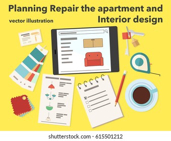 Vector Illustration of Planning repair the apartment and interior design top view. Color samples, furniture, lamp. Card, tablet, house plan, notepad, pencil, keys, tape measure in flat design