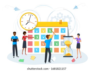 vector illustration, planning schedule calendar reminder, organize daily routine, business people meeting, effective time management, deadline, agenda or appointments, work planning, tasks scheduling