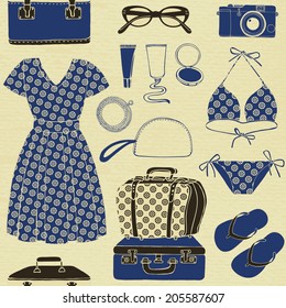 Vector illustration. Planning a summer vacation, tourism and journey objects and passenger luggage. Isolated on stylish background.