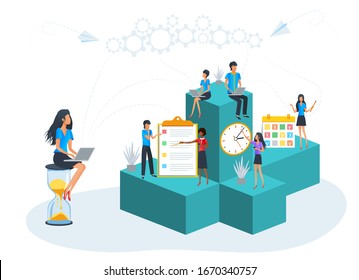 Vector Illustration Of Planning, Time Management And Control. Business Teamwork On Performance. Agile Project Management. People Organizing, Prioritize And Scheduling Tasks With Agenda To Do List.