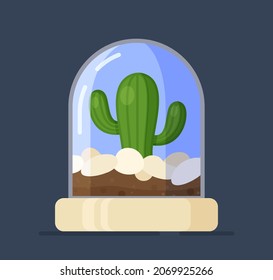 Vector Illustration Of Plant Cylinder Glass. Glass Vector Case, Transparent Plant Dome Isolated On Blue Background.