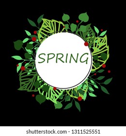 Vector illustration. Plant and flower wreath or frame for spring holidays on black background. Flat design.