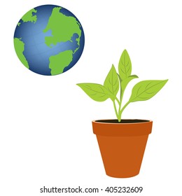 Vector illustration plant growing in a pot and earth. Green world concept