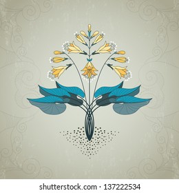 Vector illustration. The plant is hosta on  vintage plaster background. Can be used as part of your pattern.