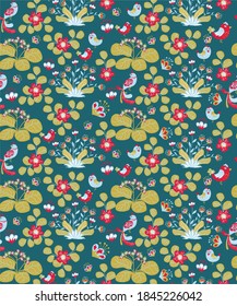 Vector illustration with plant leaves and birds in ethnic folk style. Hand drawn picture about a fairy tale. Seamless pattern for fabric and textile design.