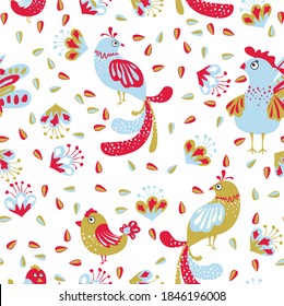 Vector illustration with plant leaves and birds in ethnic folk style. Hand drawn picture about a fairy tale. Seamless pattern for fabric and textile design.