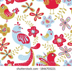 Vector illustration with plant leaves and birds in ethnic folk style. Hand drawn picture about a fairy tale. Seamless pattern for fabric and textile design.