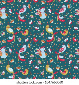Vector illustration with plant leaves and birds in ethnic folk style. Hand drawn picture about a fairy tale. Seamless pattern for fabric and textile design.