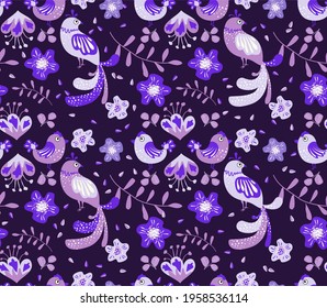 Vector illustration with plant leaves and birds in ethnic folk style. Hand drawn picture about a fairy tale. Seamless pattern for fabric and textile design.
