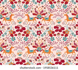 Vector illustration with plant leaves and horses in ethnic folk style. Hand drawn picture about a fairy tale. Seamless pattern for fabric and textile design