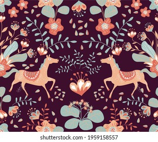 Vector illustration with plant leaves and horses in ethnic folk style. Hand drawn picture about a fairy tale. Seamless pattern for fabric and textile design