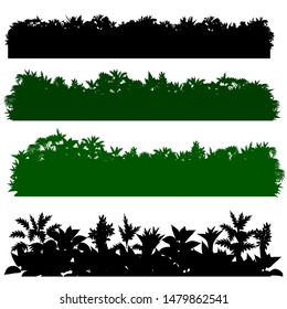 Vector illustration of a plant outline of a grass jungle or mixed forest and a thicket of bushes