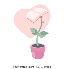 Vector illustration of plant in pot with book flower in blossom. Heart on background. Isolated on white background.