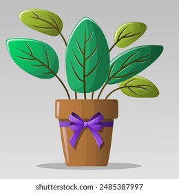 Vector illustration. A plant pot made of clay with a purple ribbon