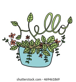 vector illustration - plant pot with words - HELLO growing on stalks. Greeting card. Good morning greeting. Good afternoon message.  