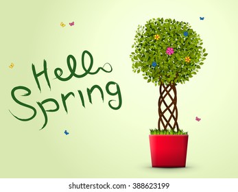 vector illustration. Plant in a red pot. Green leaves, a designer trunk, grass, butterflies. Dark handwritten text - Hello Spring!