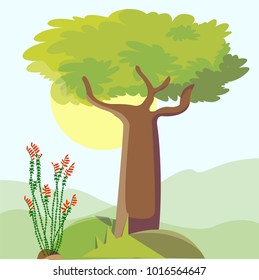 Vector illustration of a plant and tree. Colourful landscape biology picture.