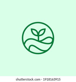 Vector Illustration Of Plant Or Tree Logo Concept With Rounded Emblem. Outline Or Monoline Logo With Green Color. 