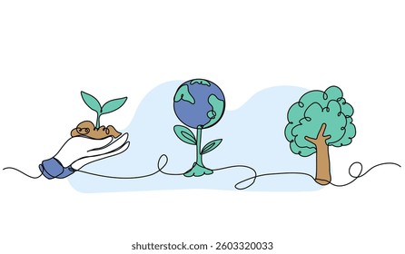 Vector illustration of planting and earth care. Modern flat in continuous line style.