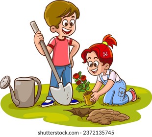 vector illustration of planting trees in the garden