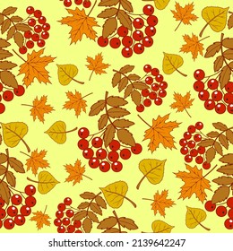 Vector illustration of plants in autumn, yellow leaves and red rowan berries