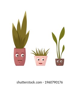 Vector illustration of plants in cute pots with smiling faces.