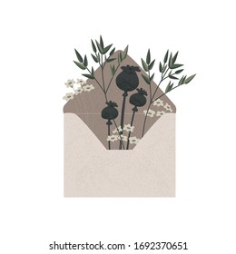 Ilustración vectorial de las plantas en sobre. Hermosos elementos florales dibujados a mano: cabezas de amapola y hierba silvestre y flores. Elegantes elementos planos para sus tarjetas de felicitación y otros diseños.