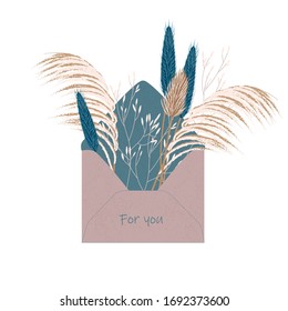 Vector illustration of plants in envelope. Beautiful hand drawn floral elements: pampas grass, thistle, bunny tail grass. Stylish flat elements for your greeting cards and other design.