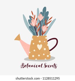 Vector illustration with plants and flowers. Spring garden with text.Design element for card.