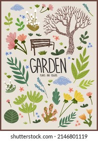 Vector illustration of plants and flowers, trees in the garden drawn with a texture brush. Abstract elements of spring and botany.