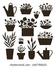 Vector illustration of plants in pots and beds with watering cans silhouettes . Flat trendy hand drawn set of houseplants for home gardening design. Collection of beautiful spring and summer flowers