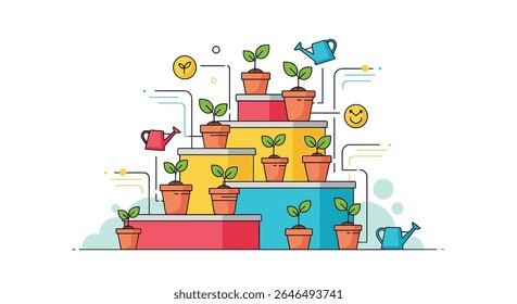 Vector illustration of plants in pots on levels with watering cans decorating