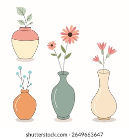 Vector illustration of plants and vases in cute pastel color for home decoration, material, design, asset. Clip art cartoon of beautiful vase with flowers collection set