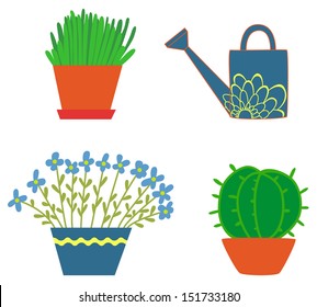 The vector illustration with plants and watering can