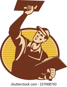 vector illustration of a plasterer worker tradesman plastering set inside oval done in retro style