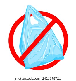 Ilustración vectorial de la bolsa de plástico con el círculo rojo marcado la prohibición aislada sobre fondo blanco. Concepto de problema de contaminación. Dile no a las bolsas de plástico.