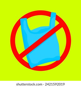 Vector illustration of plastic bag with red circle prohibition isolated on green background. Pollution problem concept. Say no to plastic bags. Don't use plastic bags.