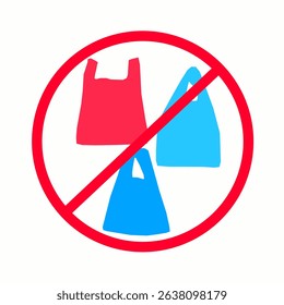 Vector illustration of plastic bag with red circle isolated on white background. Pollution problem concept. Say no to plastic bags. Do not use plastic bags.