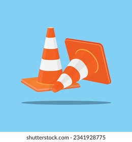 Ilustración vectorial de la barrera de plástico y el cono de tráfico, la construcción y la herramienta de seguridad. Cono de tráfico blanco y naranja en dibujos animados de estilo plano. Barrera de seguridad bloqueando camino aislado fondo azul
