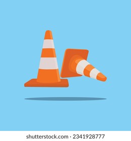 Vector illustration of plastic barrier and traffic cone, construction and safety tool. White and orange traffic cone in cartoon flat style. Safety barrier blocking pathway isolated blue background