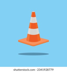 Vector illustration of plastic barrier and traffic cone, construction and safety tool. White and orange traffic cone in cartoon flat style. Safety barrier blocking pathway isolated blue background