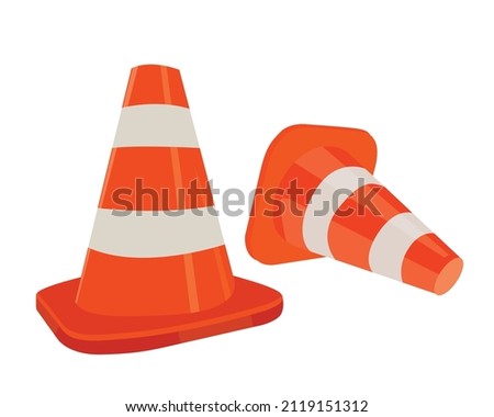 Vector illustration of plastic barrier and traffic cone and helm, construction and safety tool, white and orange traffic cone, red plastic barrier blocking pathway